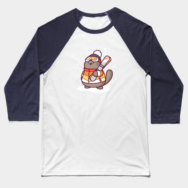 Ski Cat Baseball T-Shirt by Everything A Cat